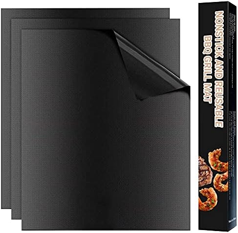 RubonC BBQ Mat (15.75 x 13 Inch), Non-Stick Fireproof Grill Mats for Gas Grill, Reusable Easy to Clean Extremely Durable Baking Sheets Grill Matte for Outdoor Grill Electric or Charcoal - 3 Pack Black