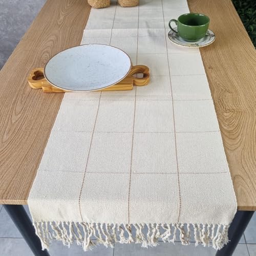 Caminho de Mesa em Algodão com Franjas, Estampa Grid, 40x160cm, B...