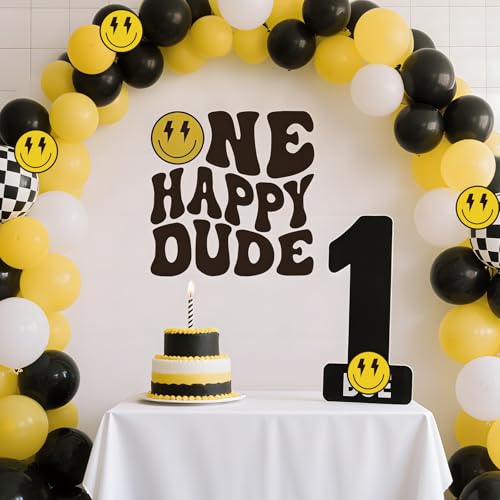 One Happy Dude Birthday Decorations - 1st Happy Birthday Decals for Backdrop, One Happy Dude Letter Decals Peel and Stick, First Birthday Stickers for Party Favors, Baby Shower Decor (Yellow)