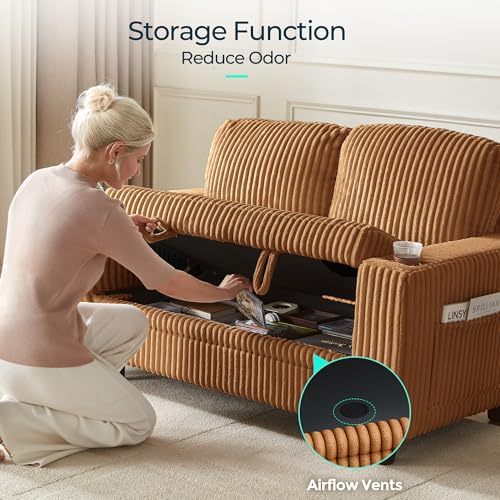 Image of LINSY HOME Loveseat Sofa with Storage - Comfy Plush Corduroy 2 Seater Sofa with USB Charging & Cup Holders, Deep Seat Love Seat for Small Spaces Living Room Bedroom Apartment, Brown