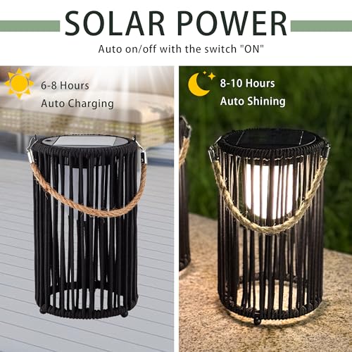 TRIROCKS 2 Set of 10.5'' High Solar Lantern Outdoor Table Lamp Outside Hanging Solar Lights with Olifen Rope Waterproof Rattan Outside Deck Light for Patio Garden Lawn Yard (Black) thumbnail 3