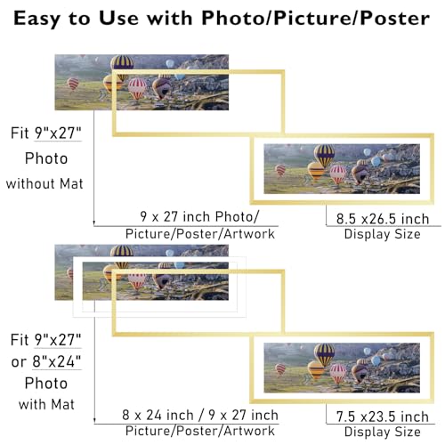 Image of JCJMY 9x27 Picture Frame with 8x24 Mat, Display Photo 8x24 with Mat or 9 x 27 Without Mat, Wall Hanging Large 9 by 27 Poster Frame with Plexiglass, Gold