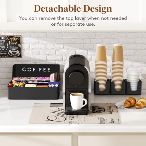 Image of Lifewit 2-tier Coffee Station Organizer Caddy for Countertop, 10 Compartments Coffee Bar Organizers for Cups, Pods, Sugar, Compact Condiment Holders Storage for Office Breakroom Kitchen Home Black