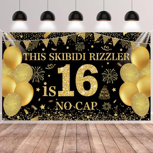 Image of Black Gold This Skibidi Rizzler is 16 No Cap Happy Birthday Backdrop Banner Photography Background Decorations for Boys Girls 16th Year Bday Party Accessories Supplies 72.8 * 43.3in
