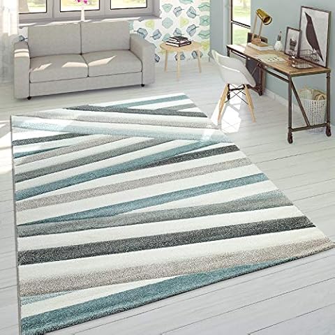 Paco Home Alfombra De Diseño Moderna Contorneada En Colores Pastel A Rayas Y Zigzag Azul y Crema Cover