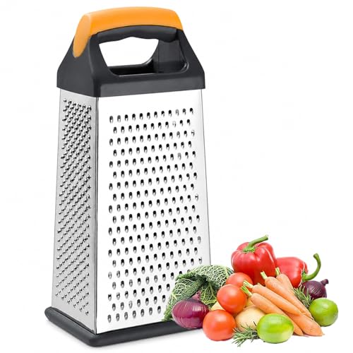 Cheese Grater, 4 Sided Stainless Steel Box Grater, Vegetable Slicer with Non-Slip Base, Kitchen Food Shredder for Block Cheese Vegetables, Dishwasher Safe