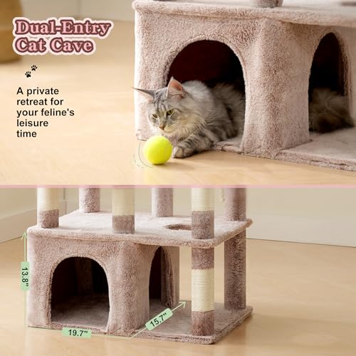 Image of Heybly Cat Tree, 71-Inch Tall Cat Tower for Large Maine Coon Cats with Extra-Large Baseboard, Cat Condo Furniture with Multi-Level Platforms, 2 Hammocks and 12 Scratching Posts, Muchroom HCT037MU