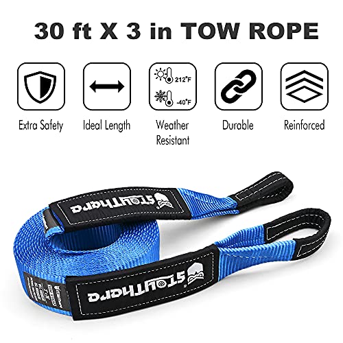 Stay There 3'' X 30 Ft Tow Strap, Heavy Duty With 30,000 Lb Capacity-Emergency Towing Rope For Recovery Vechiles-Storage Bag (Blue) #TOP3