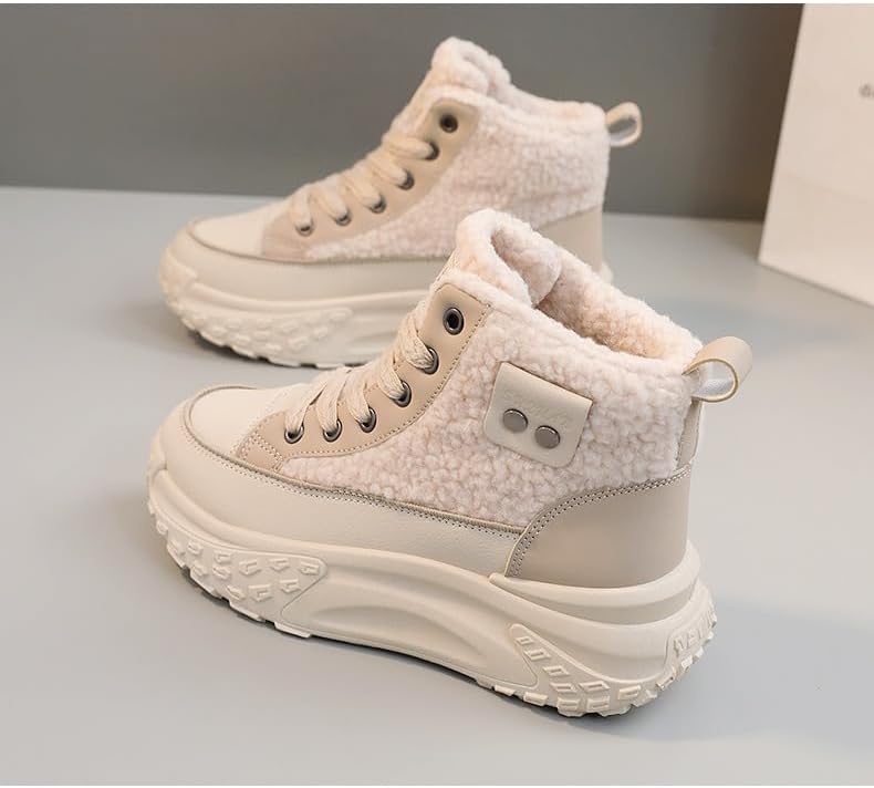 Women's Casual High Top Shoes, Winter Plush Lined Warm, Thick Soled Lace-up Sports Lightweight Hiking Shoes