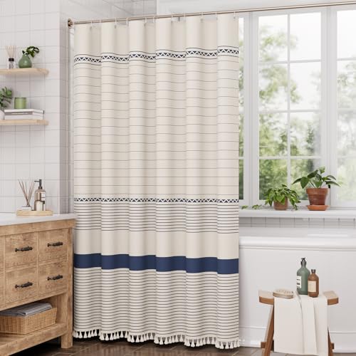 Image of AmazerBath Boho Shower Curtain, Modern Farmhouse Shower Curtain Set with Tassels, Rustic Faux Linen Navy Blue Striped Shower Curtain with Hooks, Light Tan Toned, 72x72 Inches