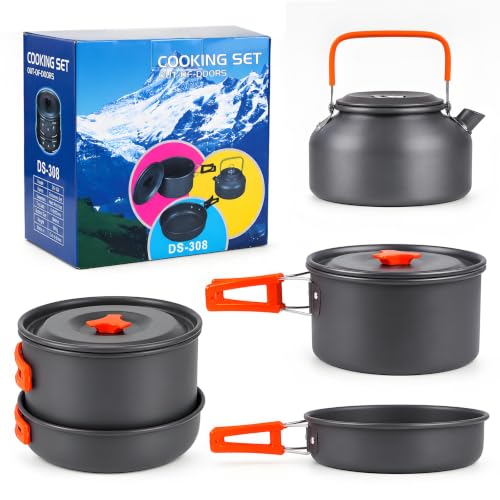 aiGear 3pcs Camping Cooking Set for 1-2 People with Pot Pan Kettle (Orange)