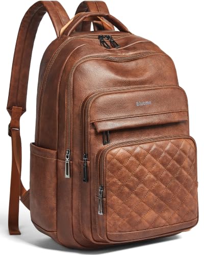 Bluome Work Backpack for Women Men Laptop Vegan Leather Backpack Purse with 15.617 Inch Laptop Multi-Pocket Bookbag for Office Travel Gym Weekend Overnight Bag Brown