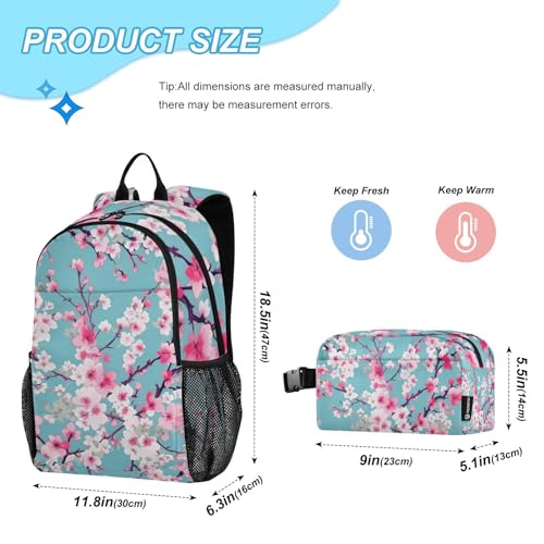 SPRIPORT Teal Cherry Blossoms Kids Backpack Set for Boys Girls Lightweight Toddler School Bookbag with Insulated Lunch Box Elementary Students Knapsack for Preschool Kindergarten College Travel Work2