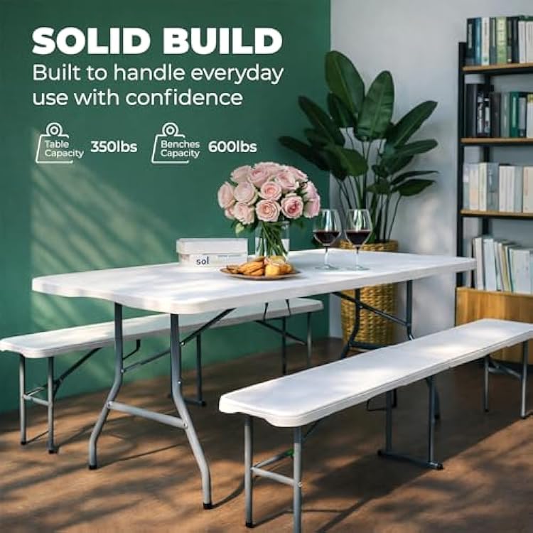 EconoHome 6 Ft White Plastic Folding Table Set with 2 Benches Heavy-Duty Picnic Table & Bench Set, Space-Saving, Indoor/Outdoor, Seats 6-8, Easy Storage & Transport
