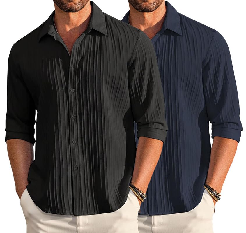 Image of DEELMO Combo of Men's Casual Button Down Shirts Long Sleeve Linen Shirt Fashion Textured Summer Shirts Pack of 2