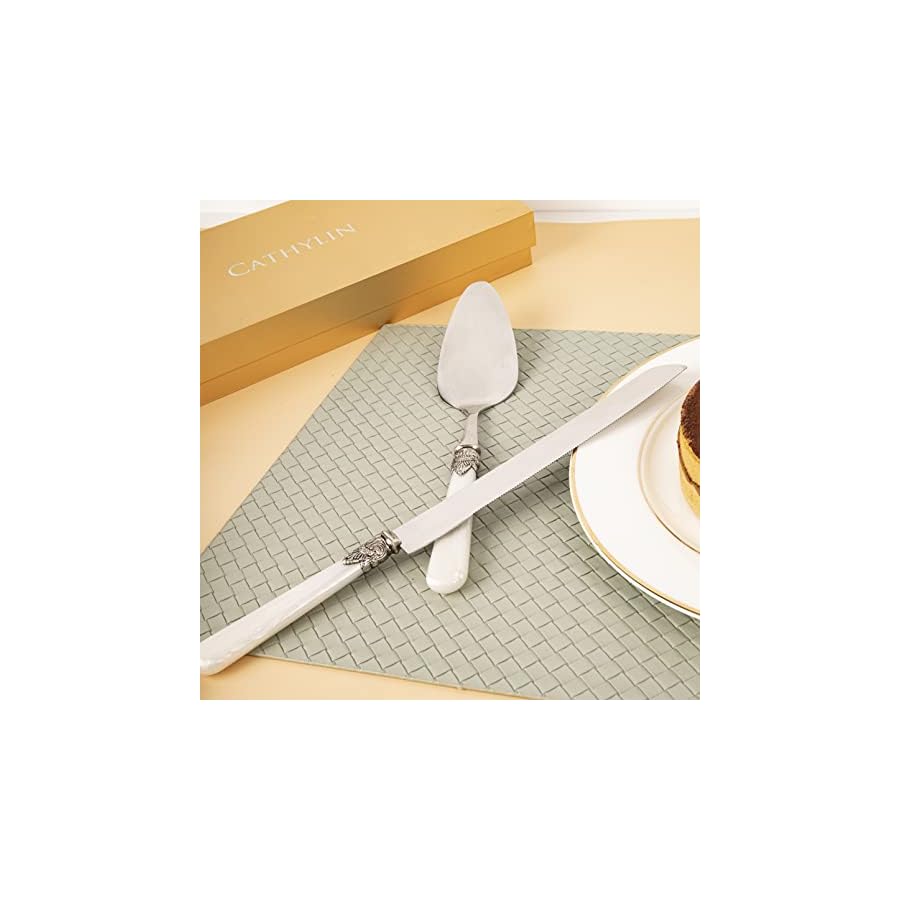 CATHYLIN Wedding Cake Knife and Serve Set, Fancy Hand Craft Italian Style Design, White Pearl Pie Knife Server Set, Vintage Silverware,Cake Cutter Set, Cake Knife Gift Set, 2 pcs