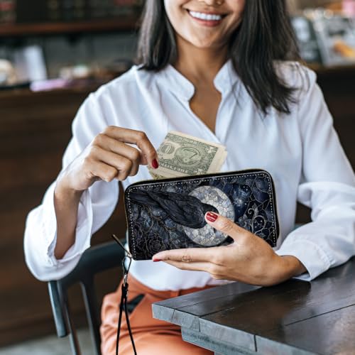 Image of Women's Wallets Credit Card Holder Money Leather Long Wallet | Long wallet with Wristlet,Large Capacity with Zip-Around Phone Purse for Women Ladies Girls,Crow Moon