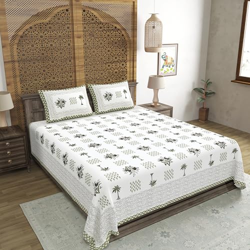 Image of BLOCKS OF INDIA Hand Block Printed 300 TC Cotton Super King Size Bedsheet(106 x 106) (Tree Green)