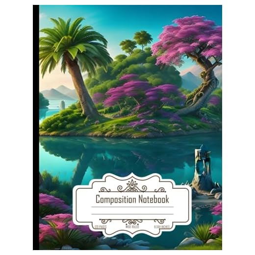 Composition Notebook Wide Ruled: Idyllic Lake with Colorful Flora, Stone and Palm Tree Satuary, Size 8.5x11 Inch, 120 Pages