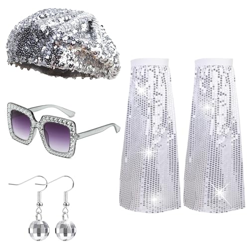 yolzhxe 4 peças acessórios de discoteca, disfarce disco acessórios mulher com boina, brincos, aquecedores de pernas, sol brilhante, para mulher 70s 80s discoteca festa temática