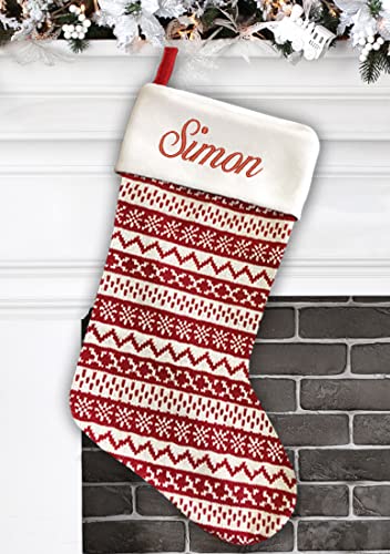 Personalized Christmas Stocking - Knitted Red Design - Embroidered Name