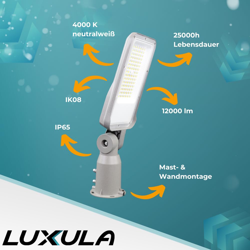 LUXULA LED Straßenlaterne 100W 2 Stück, 12000 Lumen, 4000K neutralweiß, IP65 Außenleuchte, Mast- & Wandmontage Ø48–60mm, LED Straßenbeleuchtung außen für Wege, Parkplätze, Außenbereich