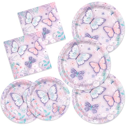 XIENBLOC 150pcs Butterfly Birthday Party Supplies Purple Butterfly Paper Plates Napkins Disposable Tableware Set Butterfly Party Supplies for Boys Girls Birthday Decor Serves 50 Guests