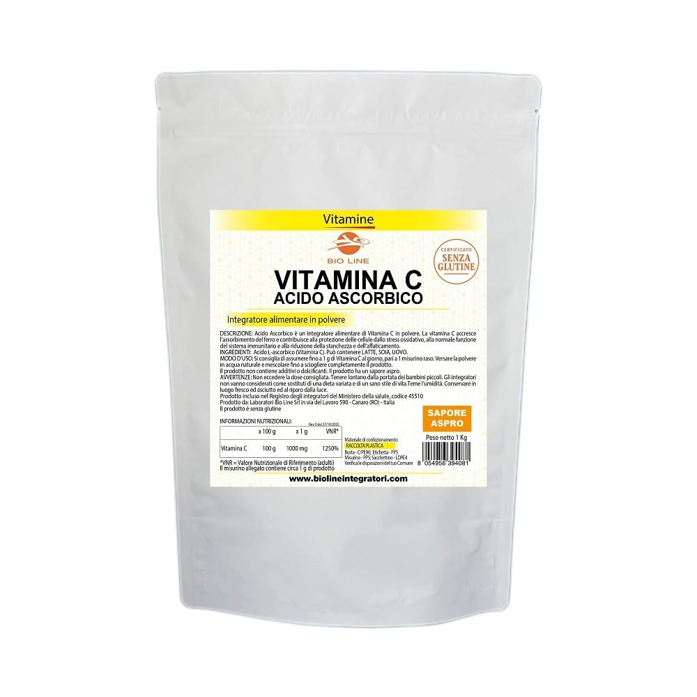 Acido Ascorbico Puro 1 kg, Vitamina C in Polvere ad Azione Antiossidante, Sostanza Pura Senza Eccipienti (1 Busta da 1 Kg) Laboratori Bioline - Qualità Italiana
