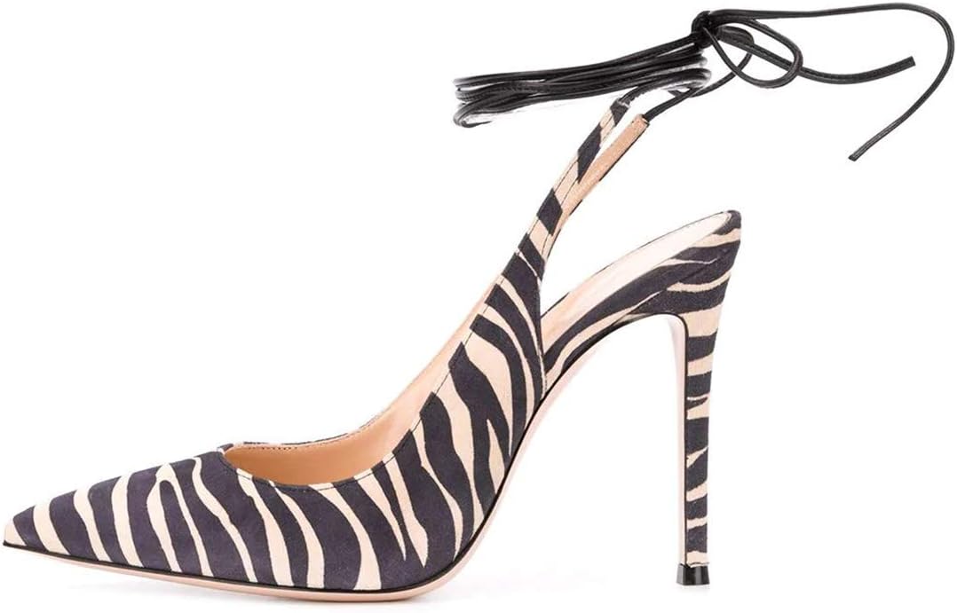 FSJ Women Suede Sexy Zebra Pattern Slingback Pumps Lace Up Ankle Strap Stiletto High Heels Pointed Toe Dress Shoes 4-15 US