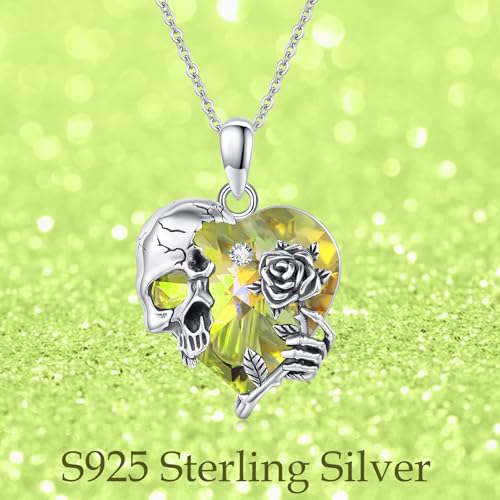 Image of S925 Sterling Silver Skull Pendant Necklace Heart Crystal Birthstone Skull Necklace Gothic Jewlery Gifts
