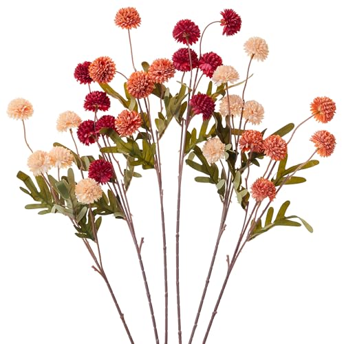 XIANNVXI 6 Bundles 20.5 Autumn 3 Colours Artificial Chrysanthemum Pompon Flowers with 30 Flower Heads&Long Stems Fake Realistic Silk Small Kiku Autumnal Flowers Plants for DIY Home Fall Decor