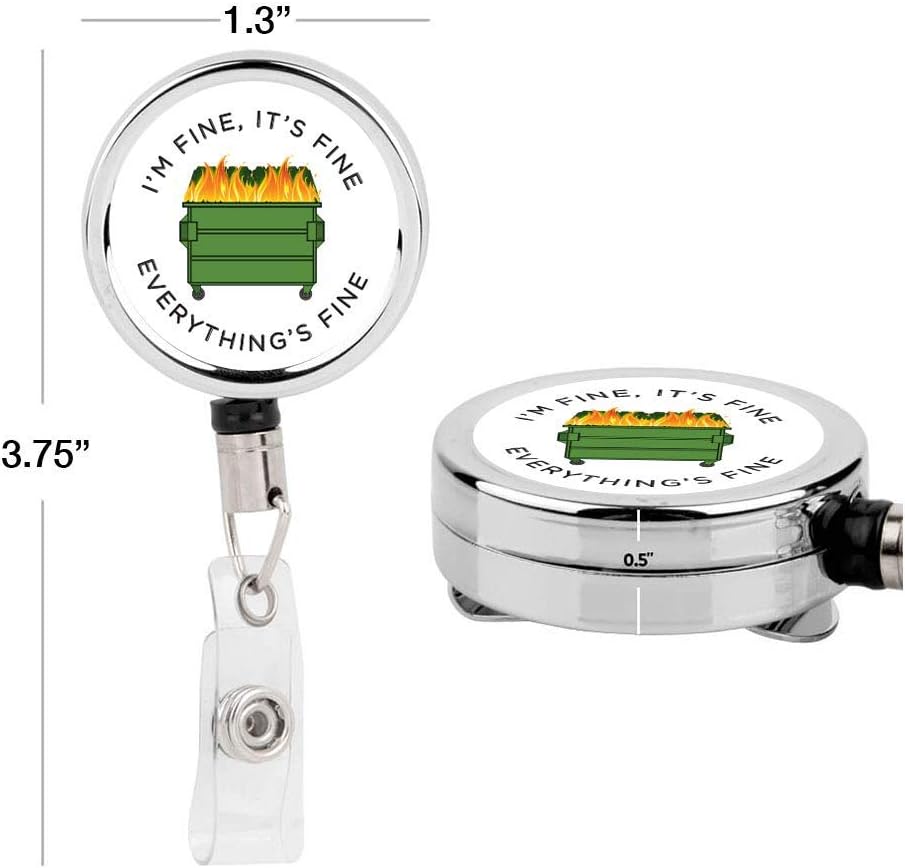 Andaz Press Retractable Badge Reel Holder with Clip, Heavy Duty Metal Name Tag Retractable ID Key Belt Clip I'm Fine, It's Fine, Everything's Fine Dumpster Fire, Funny Sarcastic Humor