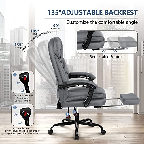 Guessky Executive Office Chair, Big And Tall Office Chair With Foot Rest Reclining Leather Chair High Back Home Office Desk Chairs With Lumbar Support Ergonomic Office Chair With Padded Armrests(Gray) #TOP3