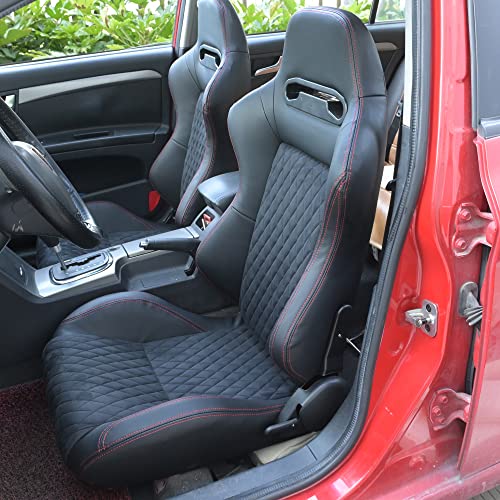 Universal 2Pcs Racing Seats Black Pvc Leather Suede Red Diamond Stitch Racing Bucket Seats Sport Pair Adjustable Seats With Double Sliders For Cars #TOP1