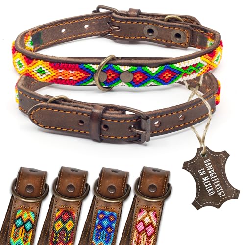 ALTEZAR Lederhalsband Hund - Doppelt Tribal Bestickt Farbenrausch Braun - Hochwertig Hundehalsband Leder - Handgemacht in Mexiko - Größe XS - Halsband Hund für sehr kleine Hunde Leder breit