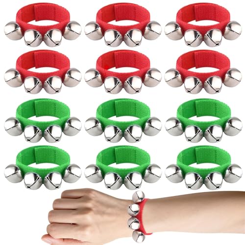 12 Pcs Jingle Bells Wrist Band Bell Percussion Instruments, PLULON Bracelet Percussion Instruments Musical Rhythm Band for Winter Party Decoration Favors Music Festival