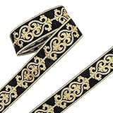 4 Yards Jacquard Ribbon, 1.75 Inch Hot Adhesive Floral Trim Black and Gold Ribbon Black Gold Lace Trim Embroidered Ribbons for Sewing Clothing Bag Straps Home Decor