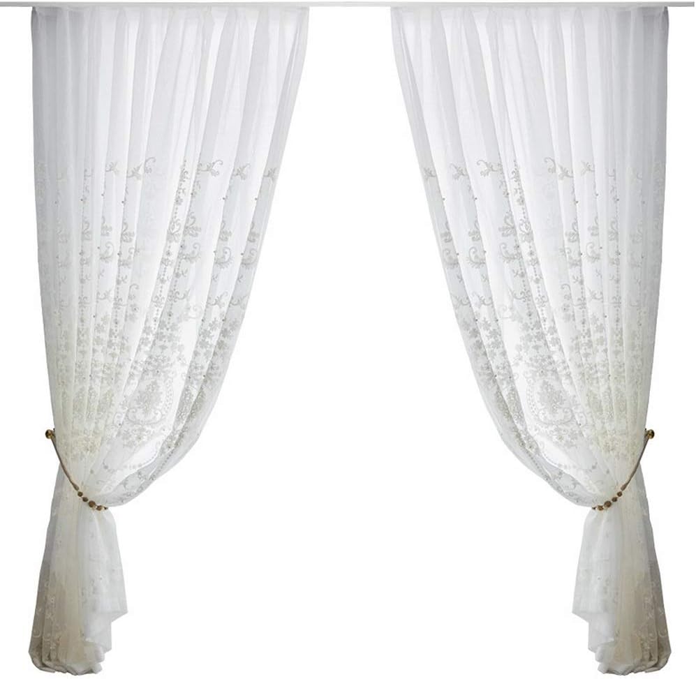 Gxi Ivory White Sheer Curtain Grommet Set of 2 Panels Beaded European Voile Panels for Living Room Tulle Embroidered Drapes 84 inch Long by 75 Inch Width