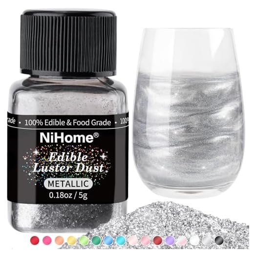 NiHealth Edible Glitter Powder Luster Dust Metallic Fancy Food Decorating Sprinkle Shimmery Brew Dust for Drink Wine Beverage Cake Candy Dessert Home Bakery Restaurant Vegan Allergen-Free (5g/0.17oz, Silver)