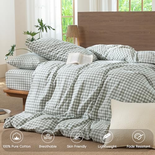 Image of MooMee Gingham Duvet Cover Set 100% Washed Cotton Linen Like Textured Breathable Durable Soft Comfy Modern Checkered Design (Sage Green Gingham, Queen 90 inchx90 inch)