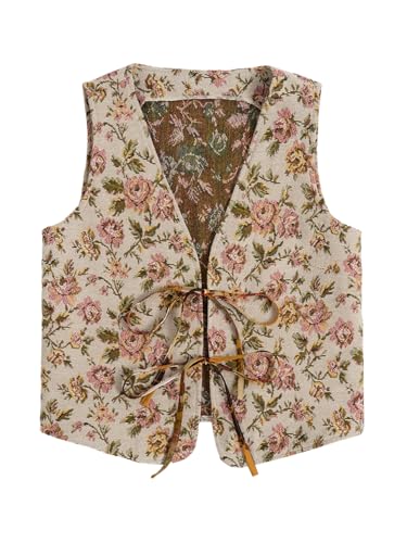 Verdusa Women's Vintage Floral Print Bow Tie Cowgirl Vest V Neck Sleeveless Jacket Outerwear