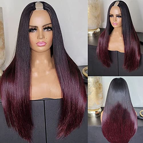 18inch Straight U Part Wig Human Hair 1B/99J Burgundy Ombre U Part Wig 150% Colored 4x1inch Small Leave Out Middle Part Wine Red Upart Wig Full Head Clip in Half Wig None Lace Wigs for Black Women