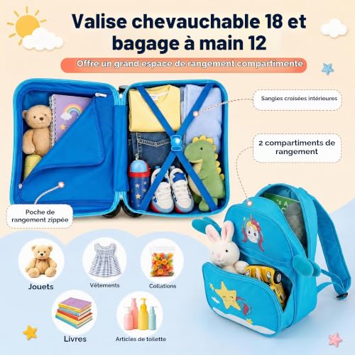 SOARS Valise Enfant à roulettes 18" avec Sac à Dos 12" (Licorne Bleu S) – vue 4