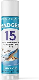 Badger Sunscreen Lip Balm SPF 15, Organic Mineral Sunscreen SPF Lip Balm with Zinc Oxide, Reef Friendly, Broad Spectrum, Water Resistant, Unscented, .15 oz