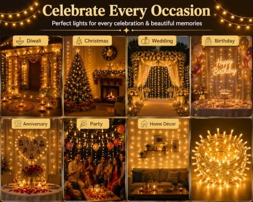 Image of Quace 36 Ft Warm White LED Pixel String Lights for Decoration, 360 Flexible Fairy Lights, Decorative Lights for Diwali, Christmas, Wedding, Bedroom, Balcony & Home Decor, Pack of 10