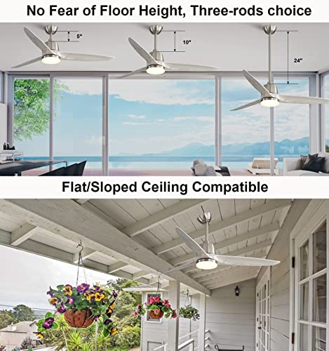Rela Mall 56" Ceiling Fan With Light And Remote Control, 6-Speed Ceiling Fan, Minimalist Modern Style, Timing Ceiling Fan For Large Bedroom/Living Room, V Shape Gray Blade + Sand Nickel Body + 3 Rods #TOP6