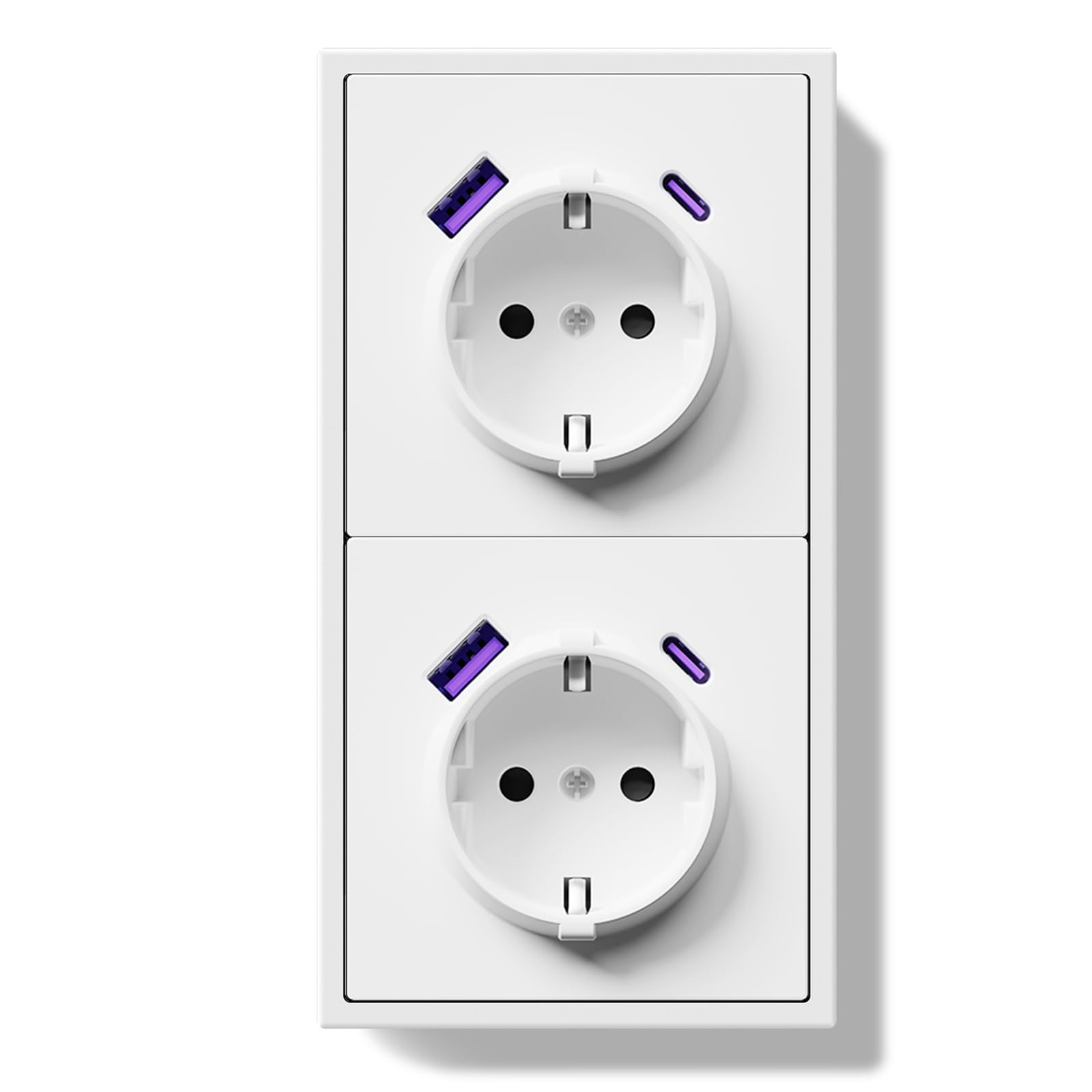BSEEDLIFE Schuko Steckdose mit USB/Typ C 20W, Unterputz EU-Standard Steckdosen, Doppelsteckdose Wandsteckdose mit PC Rahmen, 80 * 150mm inzelsteckdose mit Krallen, Einfache Installation, 2 Fach Weiß