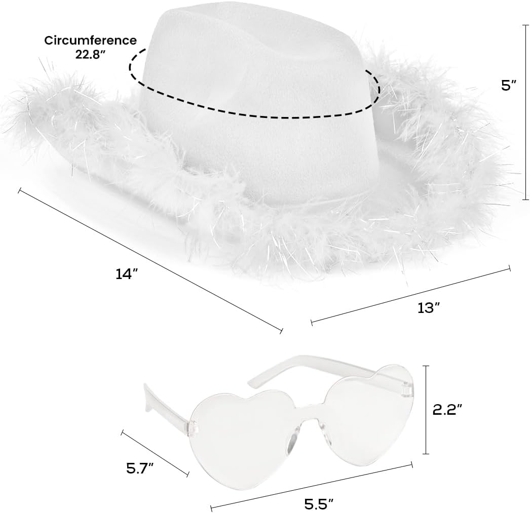 Funcredible Light Up Cowboy Hat and Glasses – LED Cowgirl Hat with Feathers – Cowgirl Costume Accessories for Women White