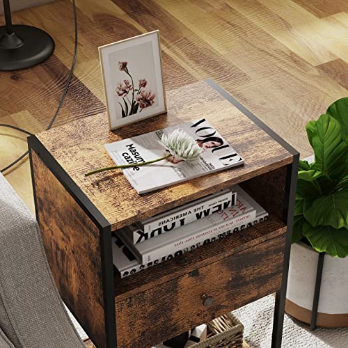 Ldttcuk Nightstand With Charging Station, Modern End Table With Drawer, Bedside Table With Open Storage For Bedroom,Rustic Brown #TOP5
