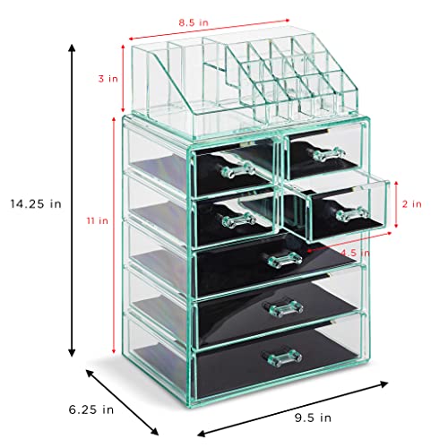 Image of Sorbus Acrylic Makeup Organizer Set, 7-Drawer Vanity & Countertop Cosmetic Storage with Small & Wide Compartments, Teal Thrill Makeup Storage for Brushes, Jewelry - Holiday Gift for Women & Teens